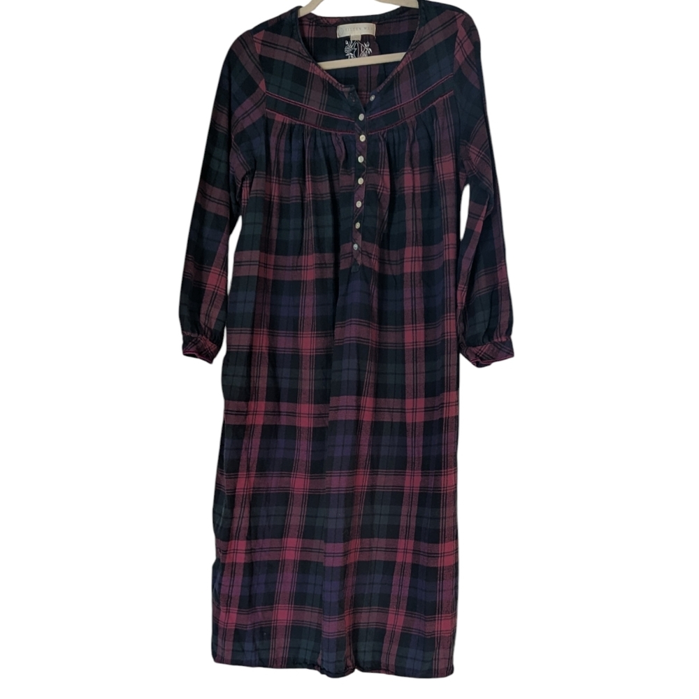 Eileen West, Long Purple And Berry Colored Plaid Flannel Nightgown. Small